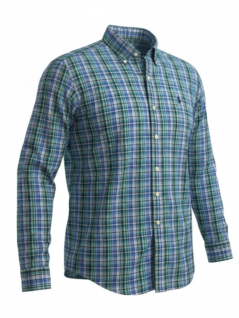 Ralph Lauren Green & Blue Plaid Button-Down Pony Shirt Slim Fit Performance XL